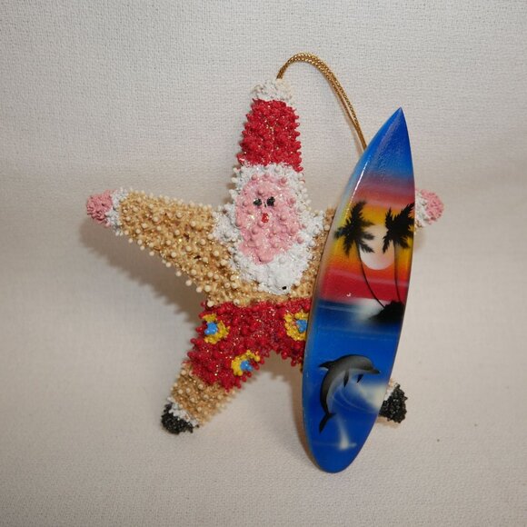 Handmade Other - Starfish Surfer Santa Ornament With Blue Dolphin Wave Surfboard